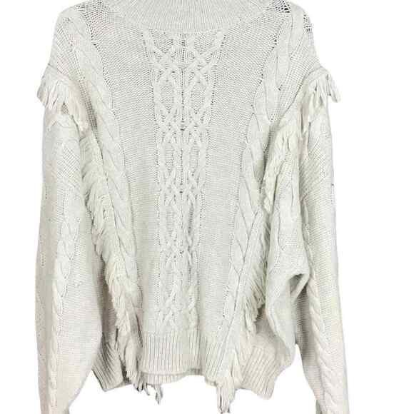Leith Women’s Medium Beige Mock Neck Cable Knit Fringe Sweater NWT - Picture 1 of 9